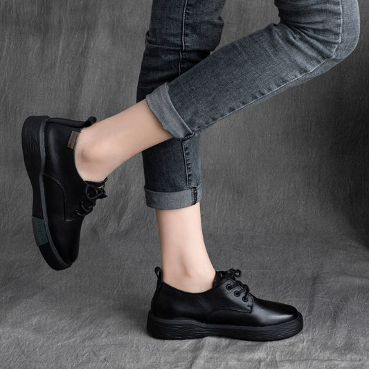 British Cowhide Lace Up Round Toe Thick Bottom Soft Sole Shoes