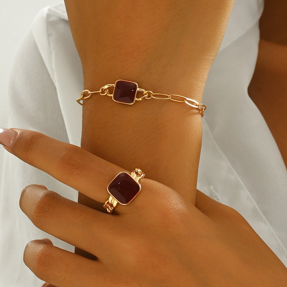 14K Gold Plated Square Agate Bracelet And Ring Set - Luxe & Timeless Jewelry