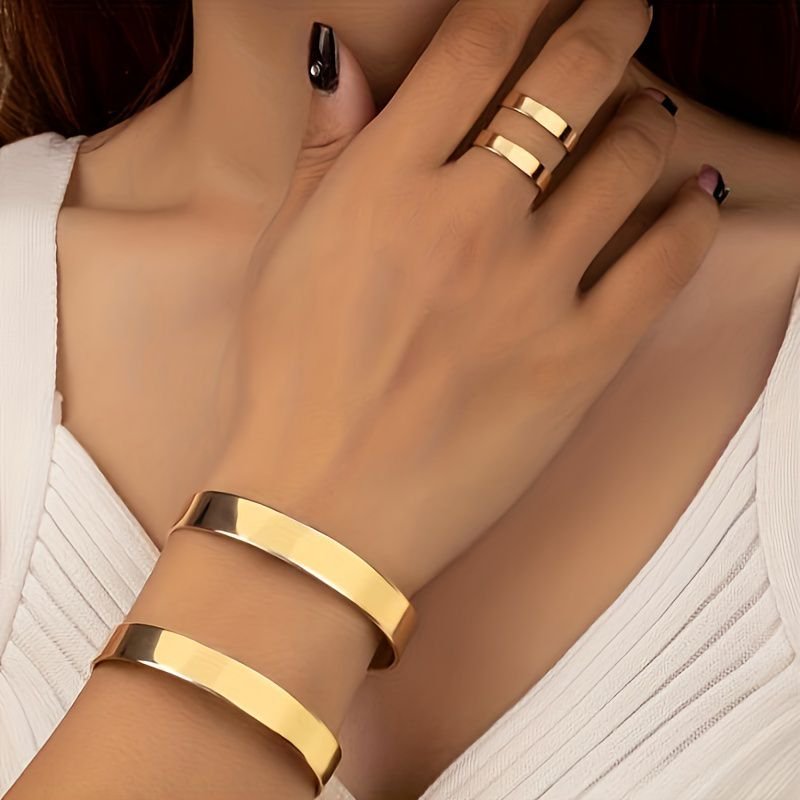 14K Gold Plated Cuff Bangle And Ring Set - Minimalist Style