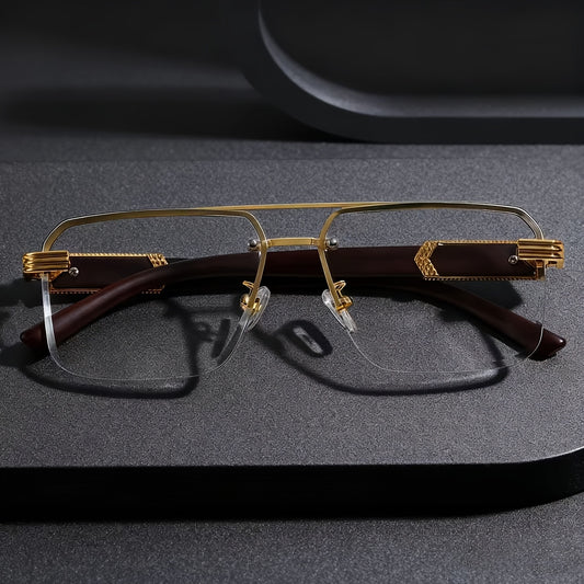 Vintage Large Frame Unisex Eyeglasses - Faux Wood Grain Design - PC Material - Semi-Rimless Style - Includes Eyeglass Cloth