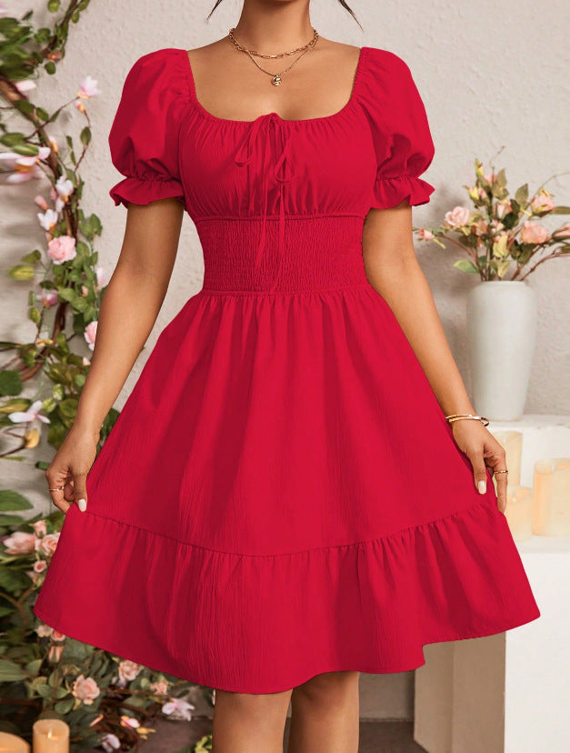 Pleated Ruffle A-line Dress With A Square Neckline And Short Sleeves