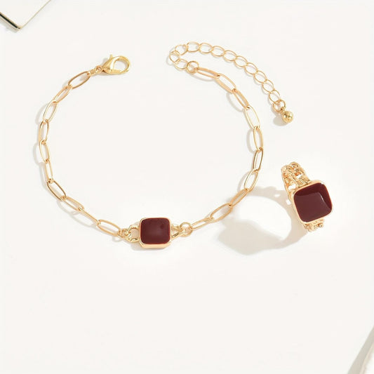 14K Gold Plated Square Agate Bracelet And Ring Set - Luxe & Timeless Jewelry