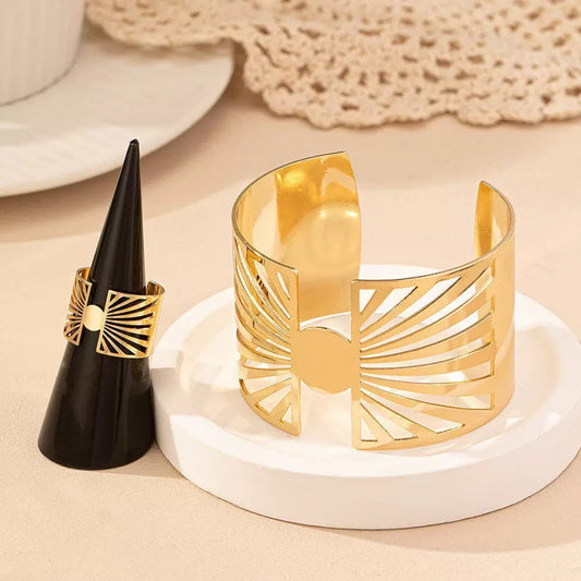 14K Gold Plated Golden Radiance Adjustable Geometric Ring And Cuff Set
