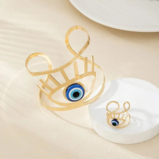 14K Gold Plated Golden Eye Charm Bangle & Ring Set