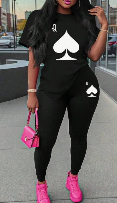 Women's Printed Round Neck T-Shirt And Leggings Set