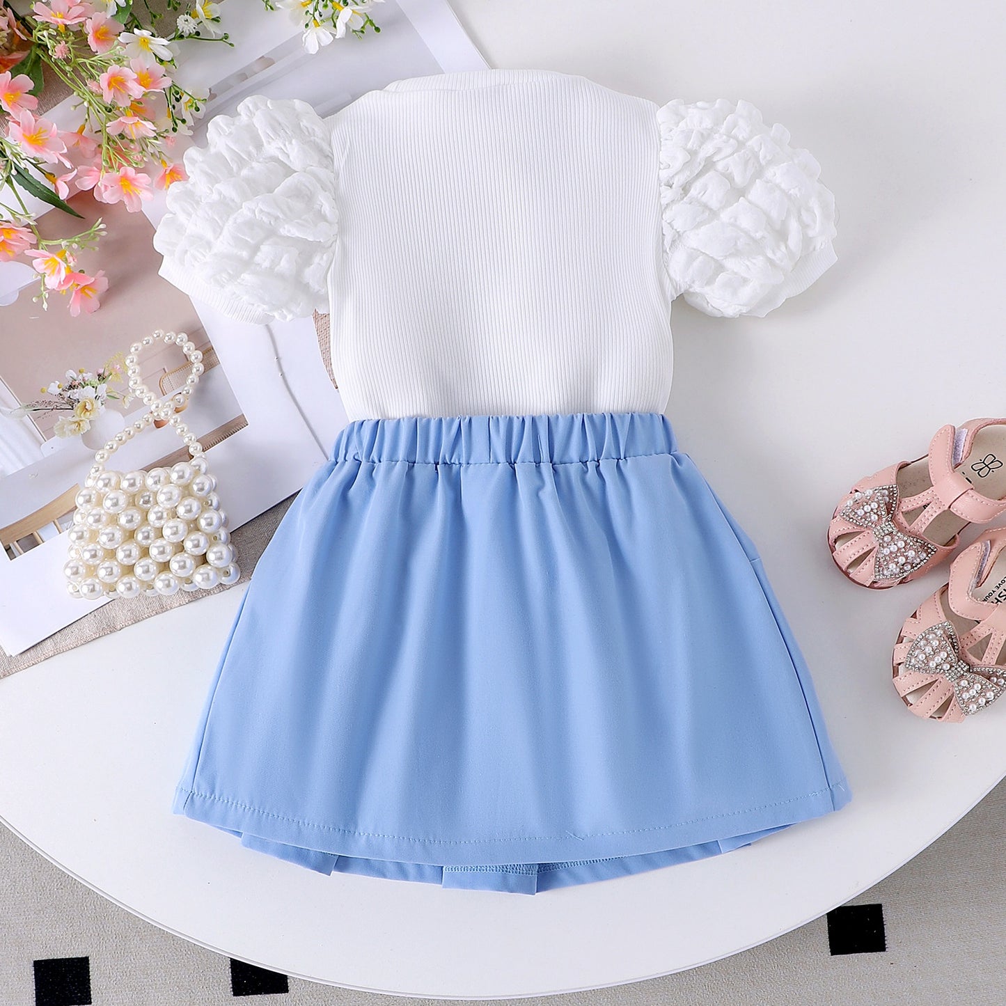 Round neck bubble sleeve short sleeved skirt set