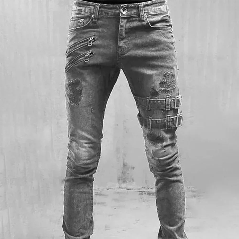 Retro Moto Biker Straight Elastic Jeans Men Zipper Hole Streetwear Punk Skinny Denim Cargo Pants Pantalones Hombre Y2K Clothing