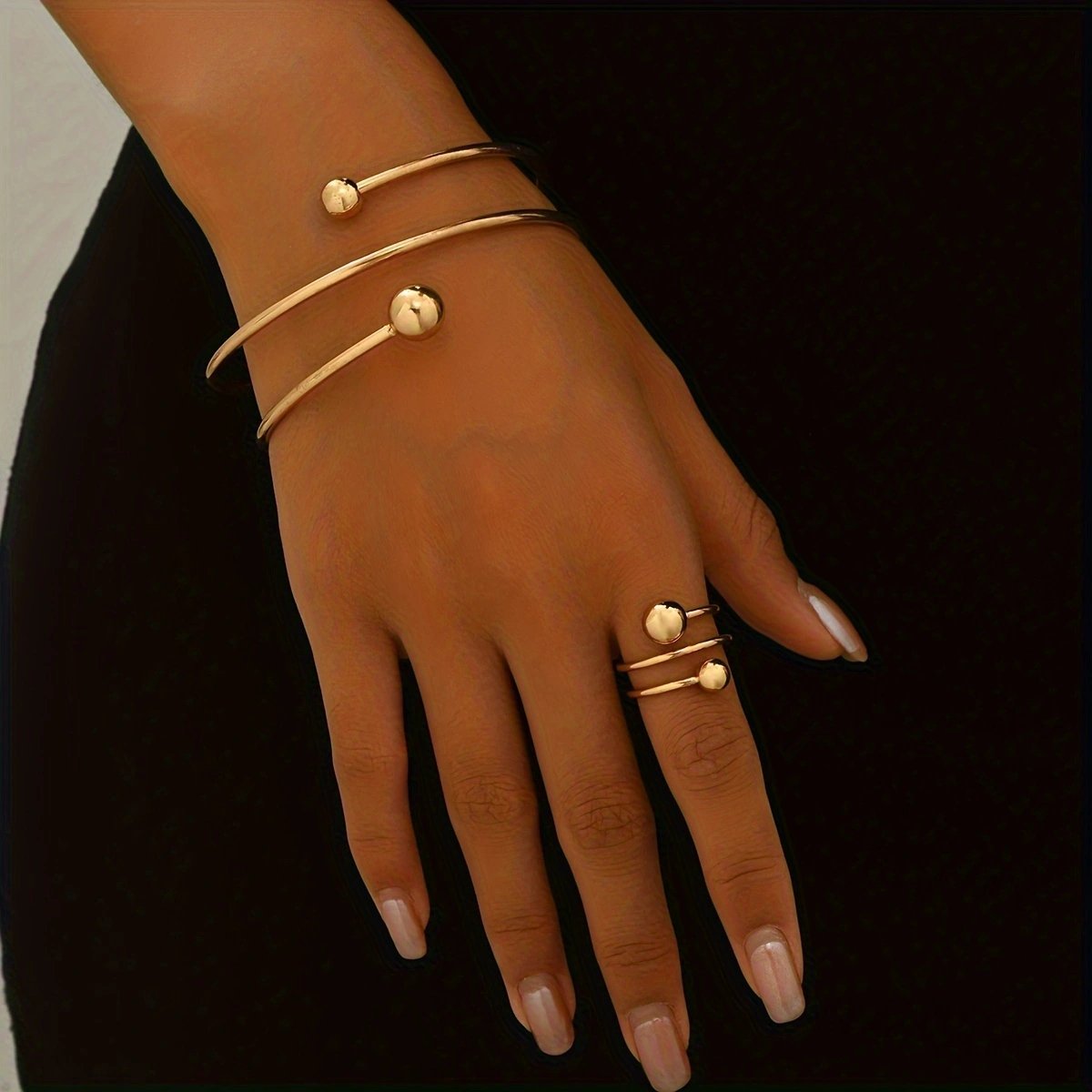 14K Gold Plated Minimalist Bangle And Ring Set