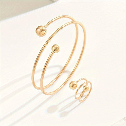 14K Gold Plated Minimalist Bangle And Ring Set