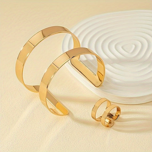 14K Gold Plated Cuff Bangle And Ring Set - Minimalist Style