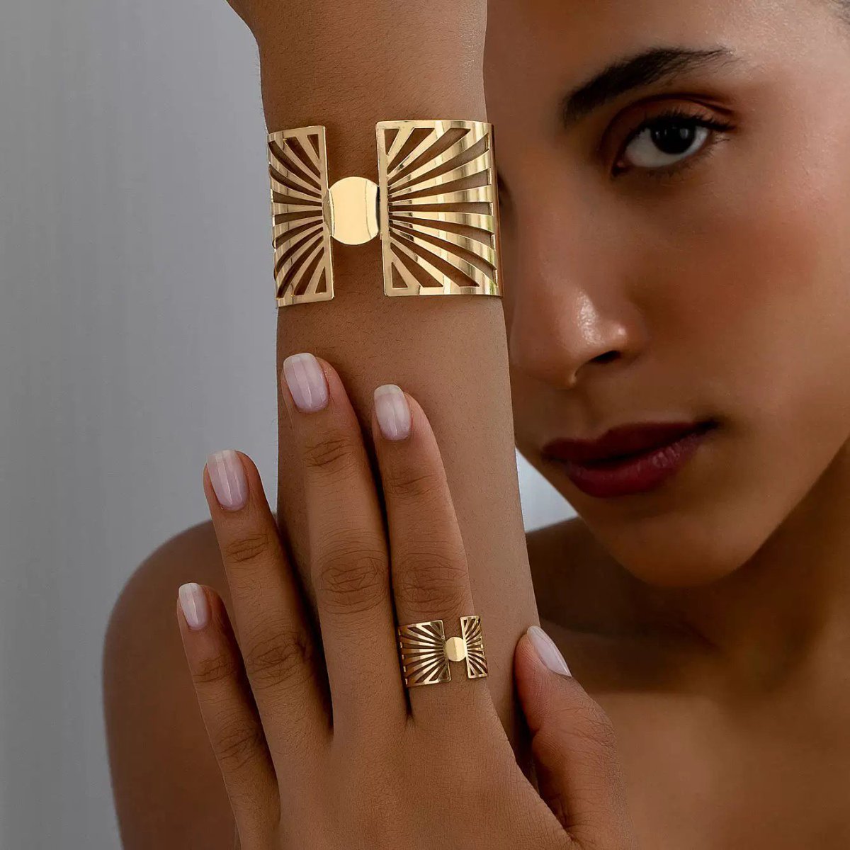 14K Gold Plated Golden Radiance Adjustable Geometric Ring And Cuff Set
