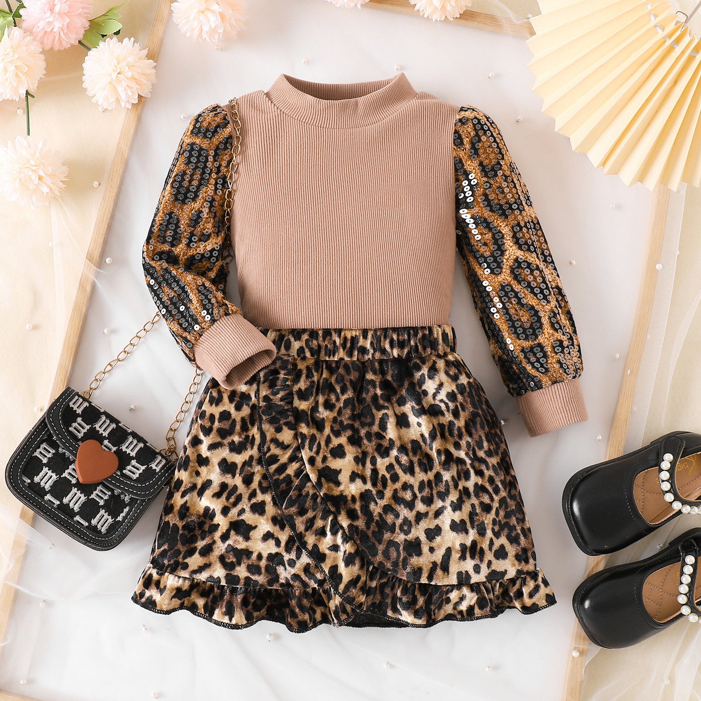 Leopard print color blocked sequin head set, two-piece set