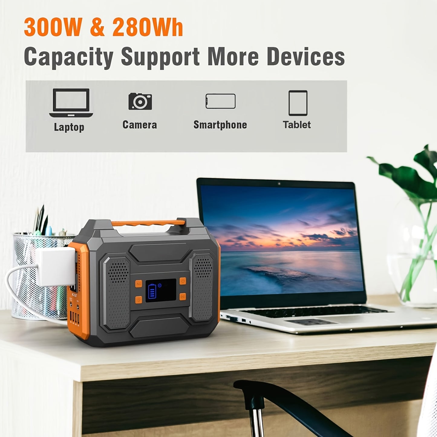 300W/100W Portable Power Station Solar Generator - 296Wh/256Wh/280Wh/146Wh Compact Lithium-Ion Battery Charger with 110V AC Outlet, DC & USB Outputs, LED Flashlight, Built-in Cooling Vents for Camping, RV, Emergency Home Use,