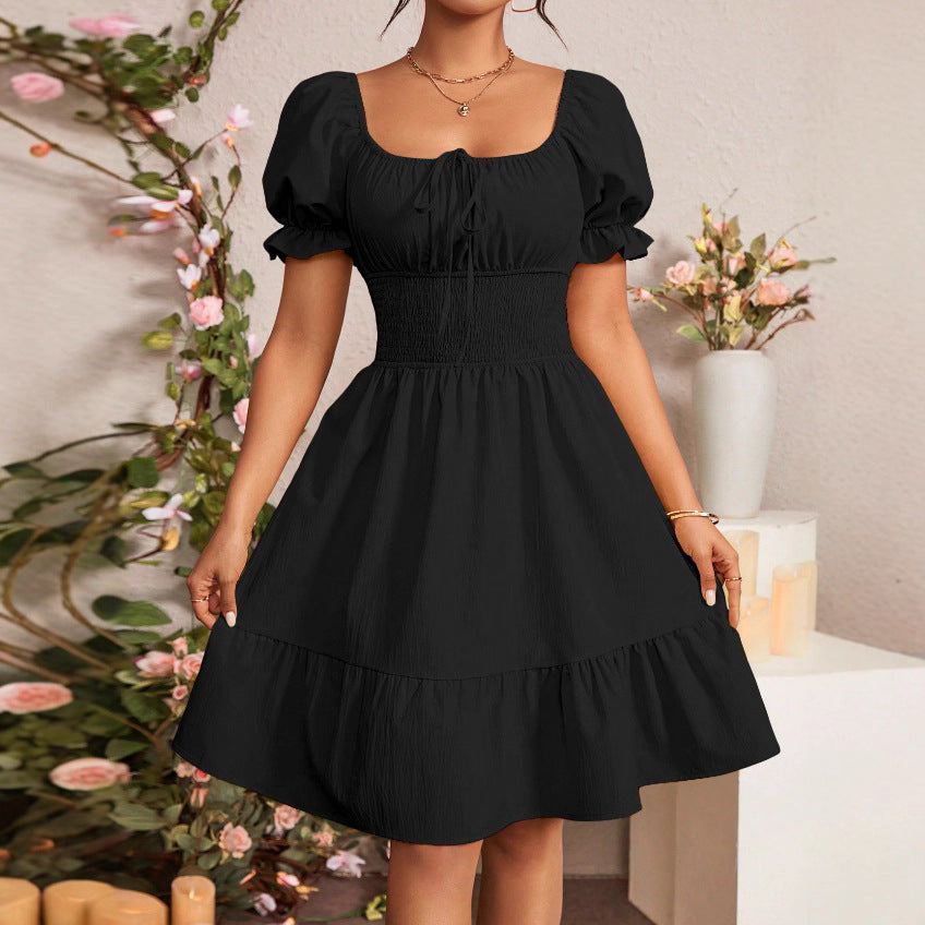 Pleated Ruffle A-line Dress With A Square Neckline And Short Sleeves