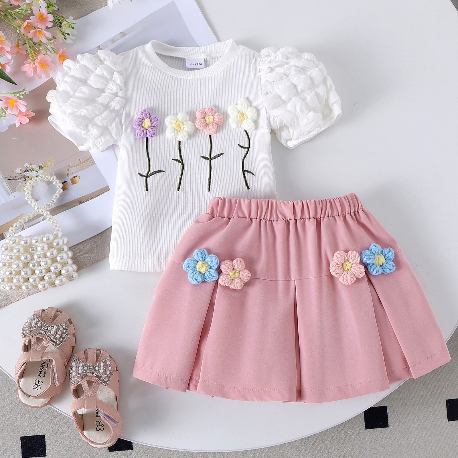 Round neck bubble sleeve short sleeved skirt set
