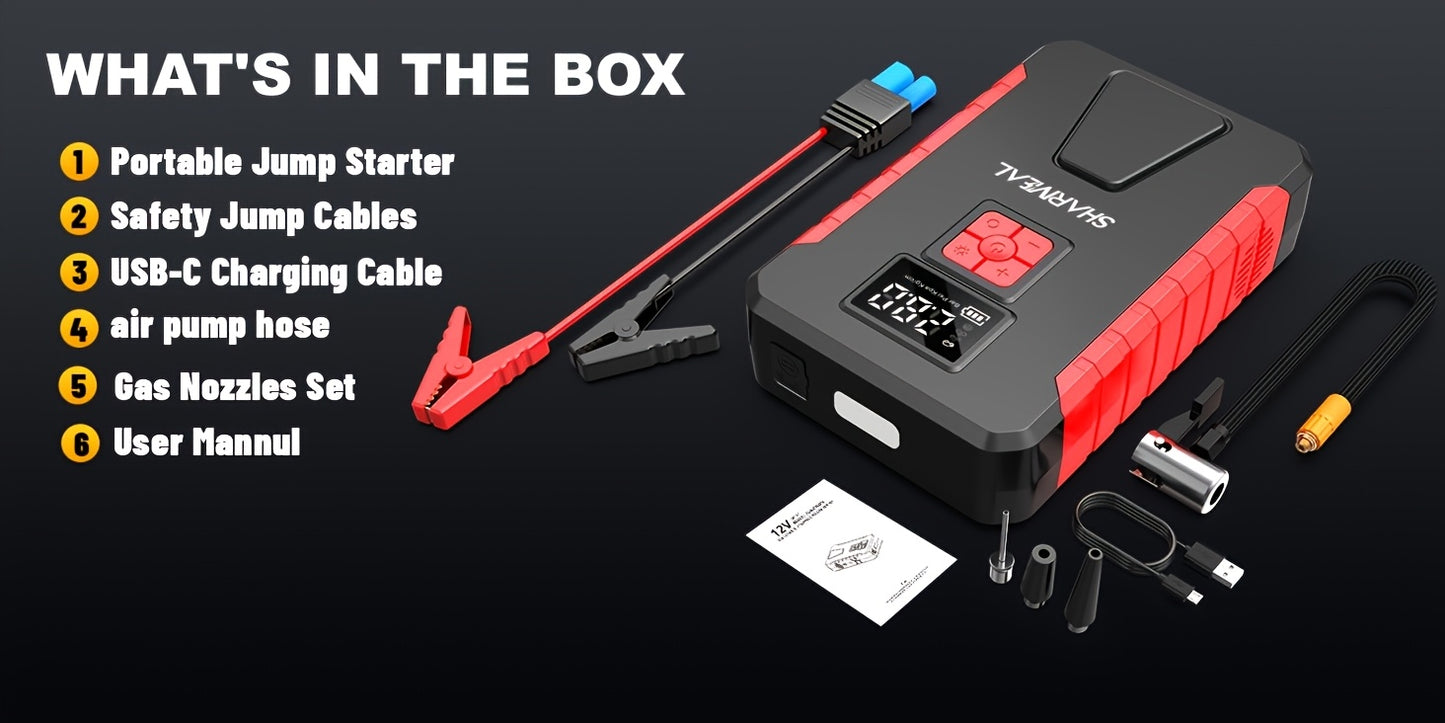 13000A/12000A/11000A/10000A Peak 12V Portable Car Emergency Starter | Car Battery Charger with Air Compressor, Suitable for 2.64gal Gasoline/All Diesel, Includes Emergency Starter Accessories, LED Light, Tire Inflator, USB Ch