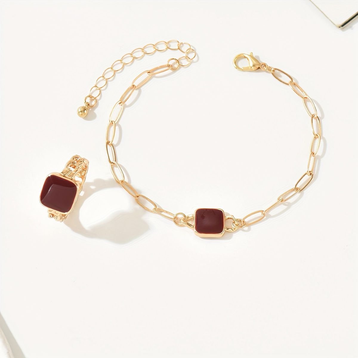 14K Gold Plated Square Agate Bracelet And  Ring Set - Luxe & Timeless Jewelry