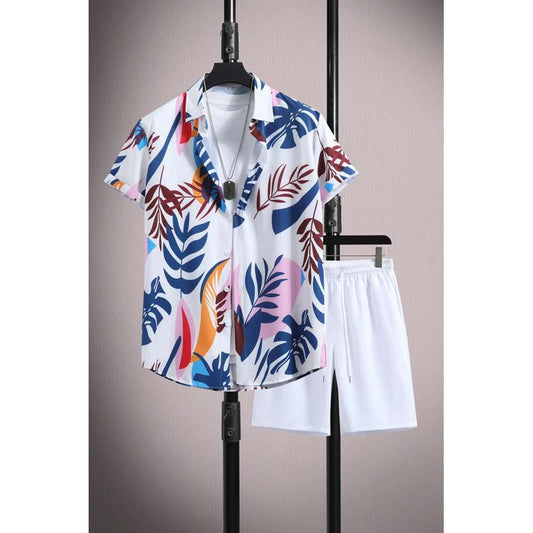 Men's Casual Ice Silk Micro-elastic Printed Short-sleeved Shirt Shorts Suit