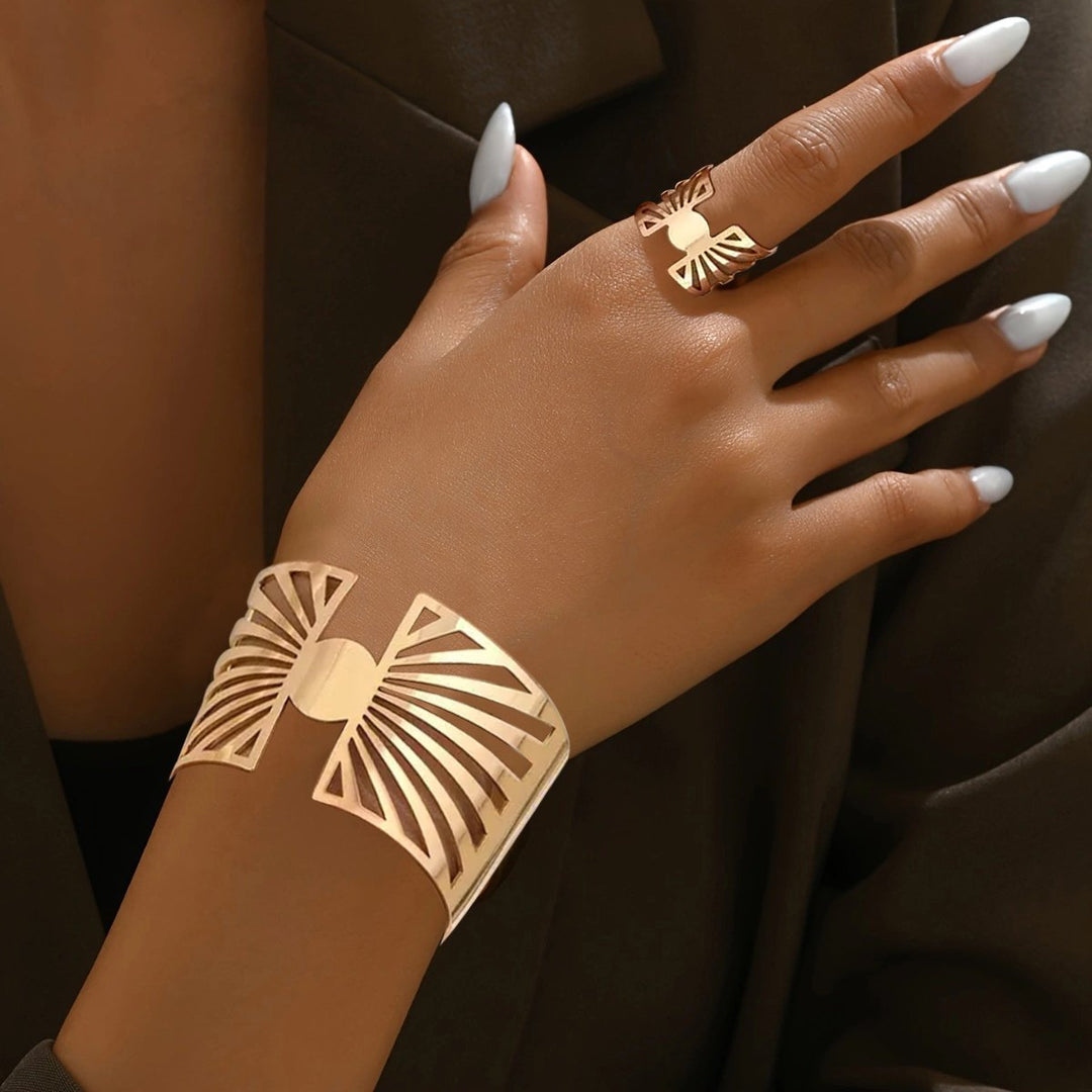 14K Gold Plated Golden Radiance  Adjustable Geometric Ring And Cuff Set