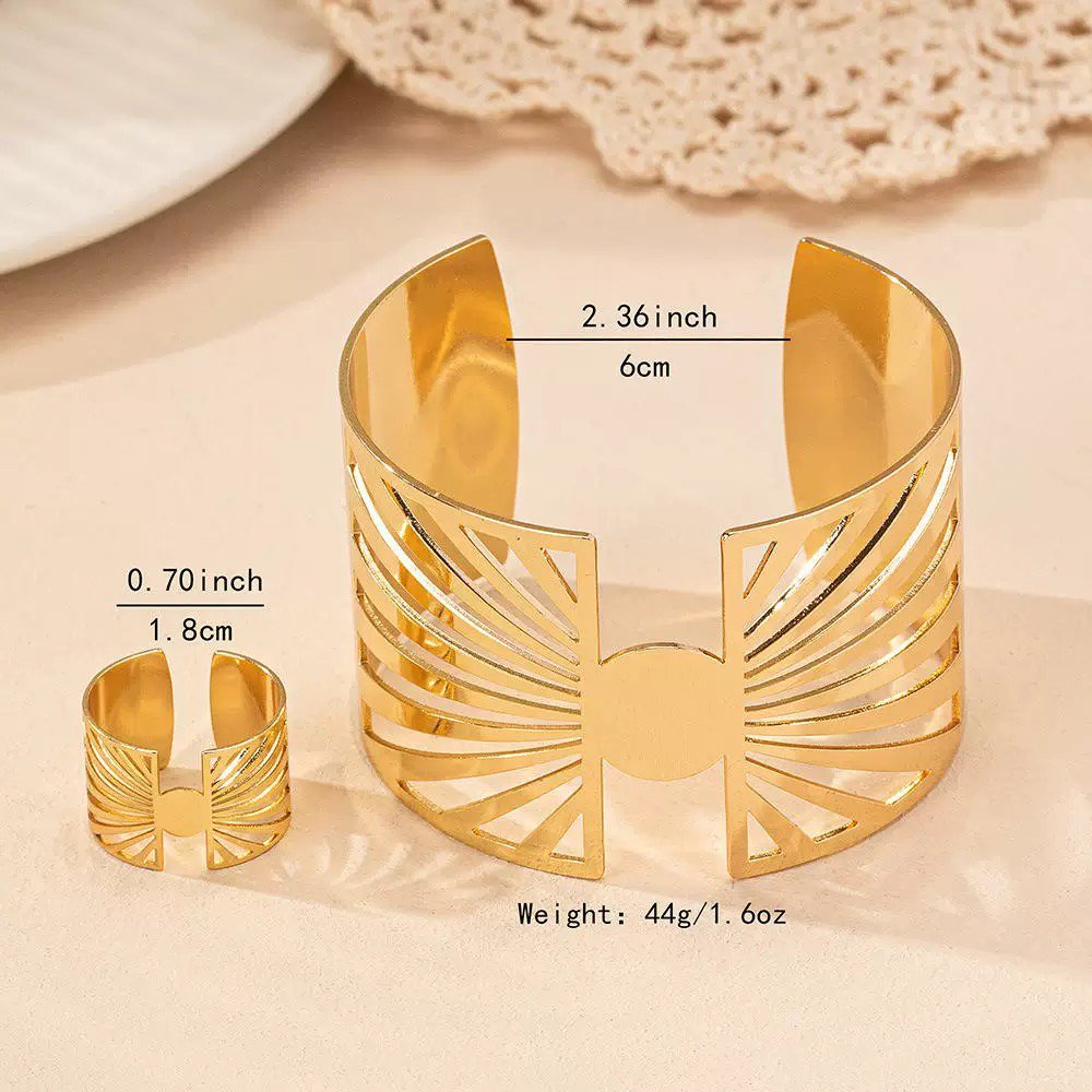 14K Gold Plated Golden Radiance  Adjustable Geometric Ring And Cuff Set