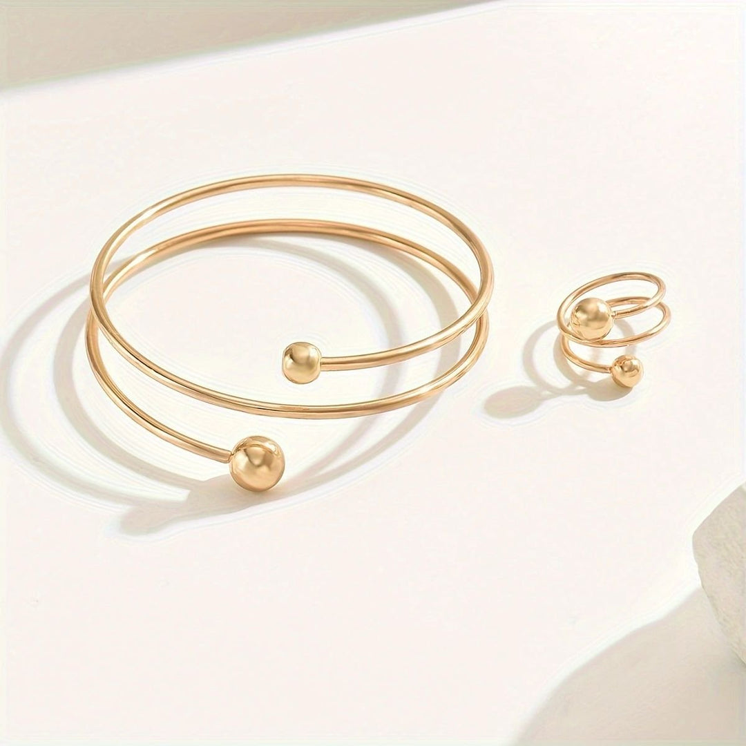 14K Gold Plated Minimalist  Bangle And Ring Set