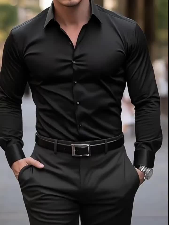 2pcs Autumn New Business Casual Formal Long Sleeve Shirt Slim Fit Open Collar Men's Long Sleeve Shirt