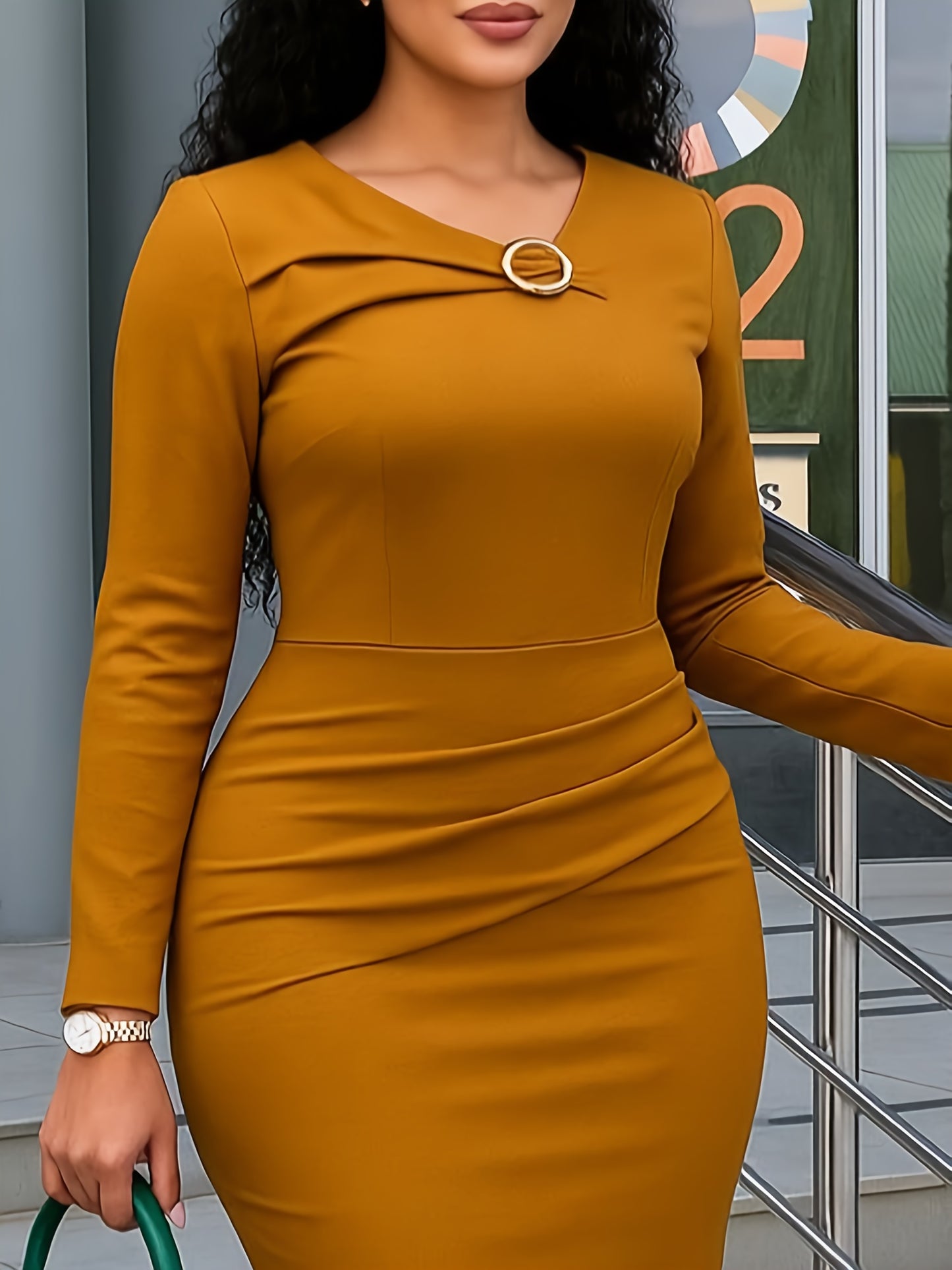 Fashionable Women'S Spring And Autumn Pleated Slim-fitting Metal Ring-decorated Long-sleeved Dress, Elegant, Suitable For Commuting, Casual, Daily Outing