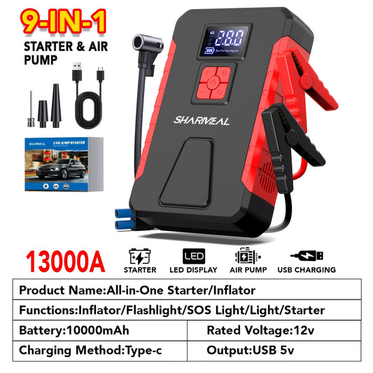 13000A/12000A/11000A/10000A Peak 12V Portable Car Emergency Starter | Car Battery Charger with Air Compressor, Suitable for 2.64gal Gasoline/All Diesel, Includes Emergency Starter Accessories, LED Light, Tire Inflator, USB Ch