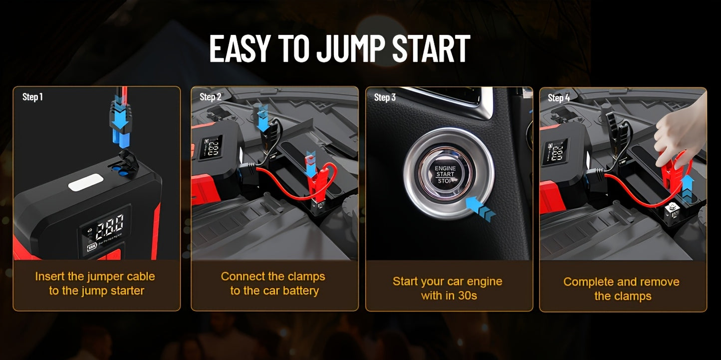 13000A/12000A/11000A/10000A Peak 12V Portable Car Emergency Starter | Car Battery Charger with Air Compressor, Suitable for 2.64gal Gasoline/All Diesel, Includes Emergency Starter Accessories, LED Light, Tire Inflator, USB Ch