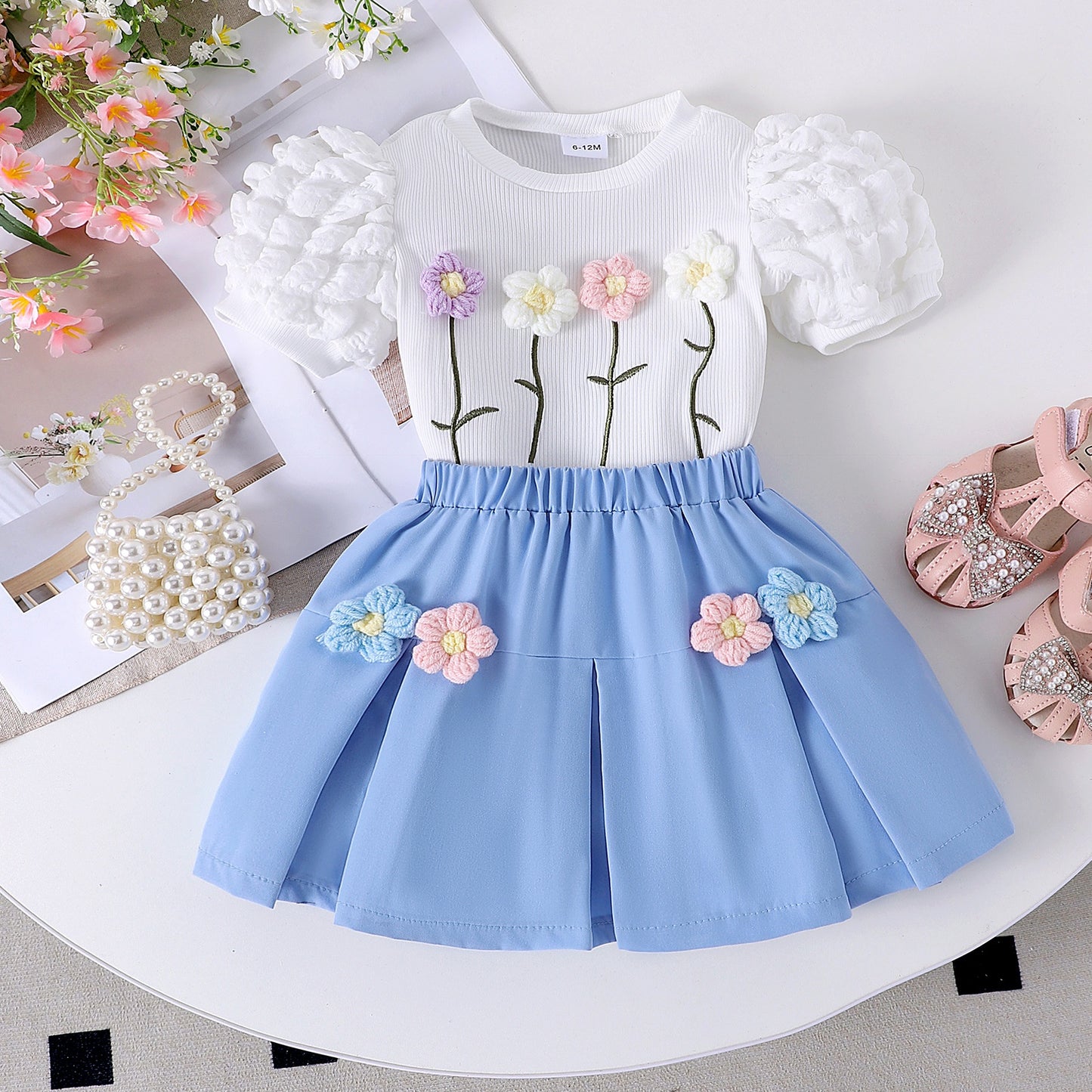 Round neck bubble sleeve short sleeved skirt set