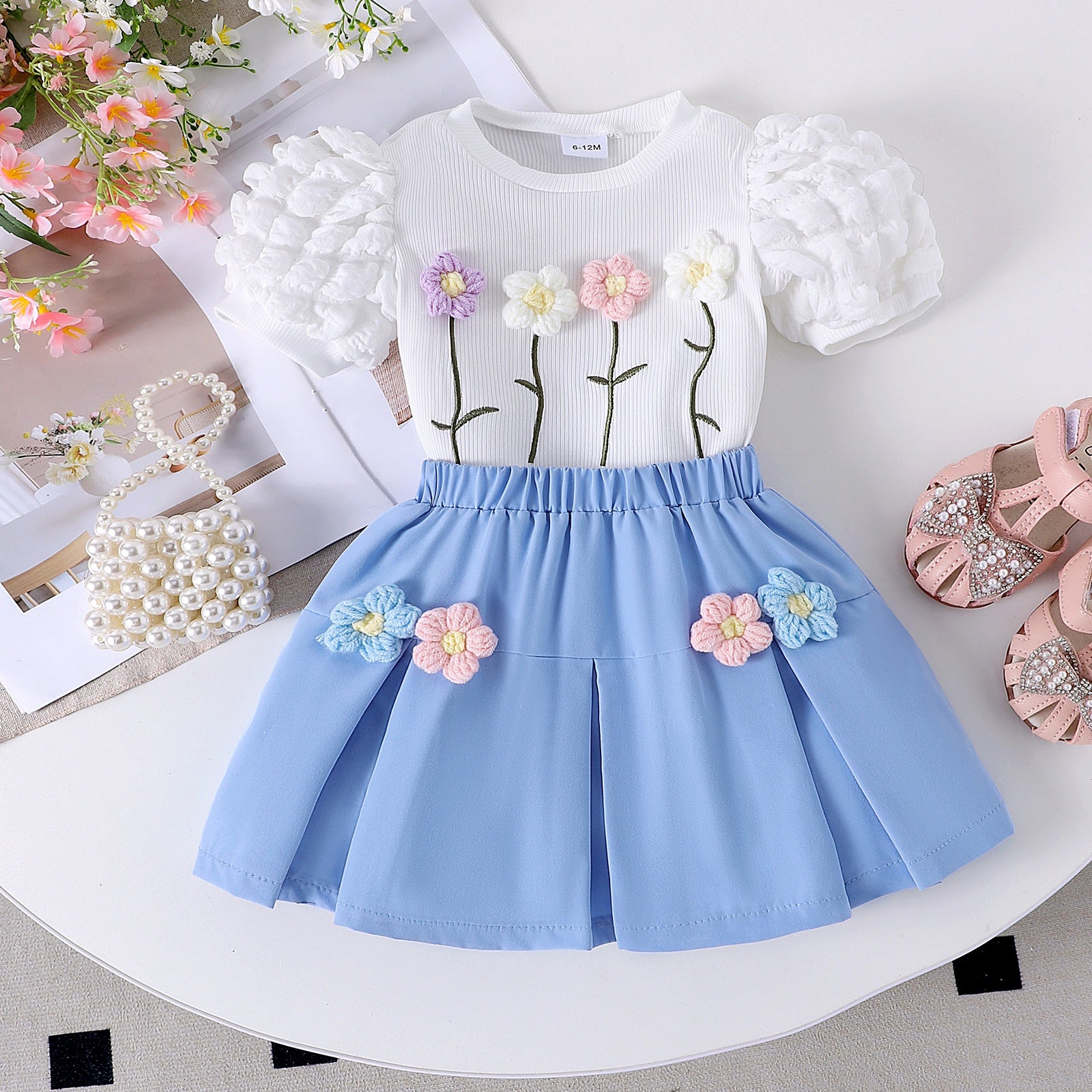 Round neck bubble sleeve short sleeved skirt set