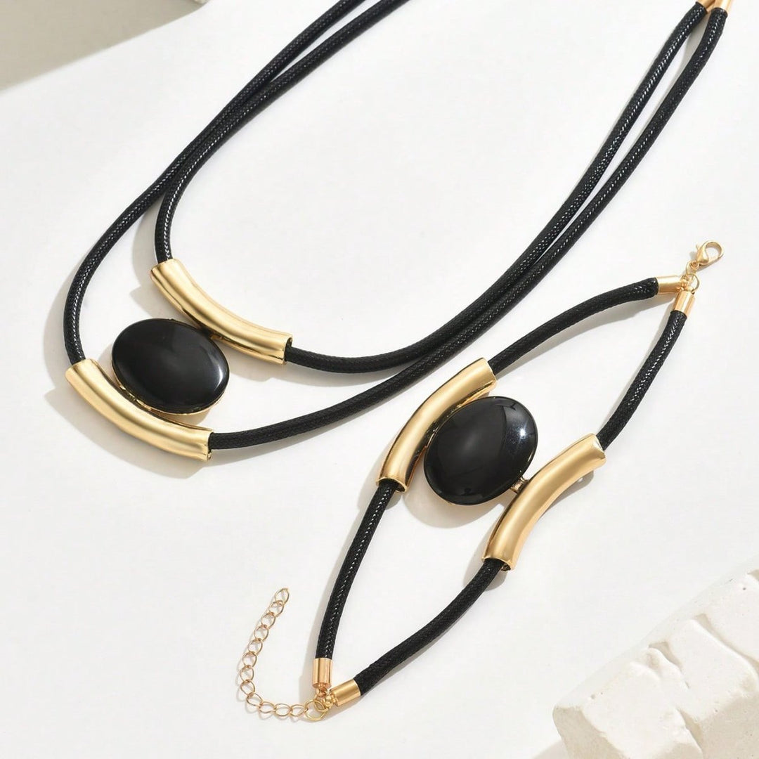 14K Gold Plated Golden Elegance  Black And Gold Statement Jewelry Set