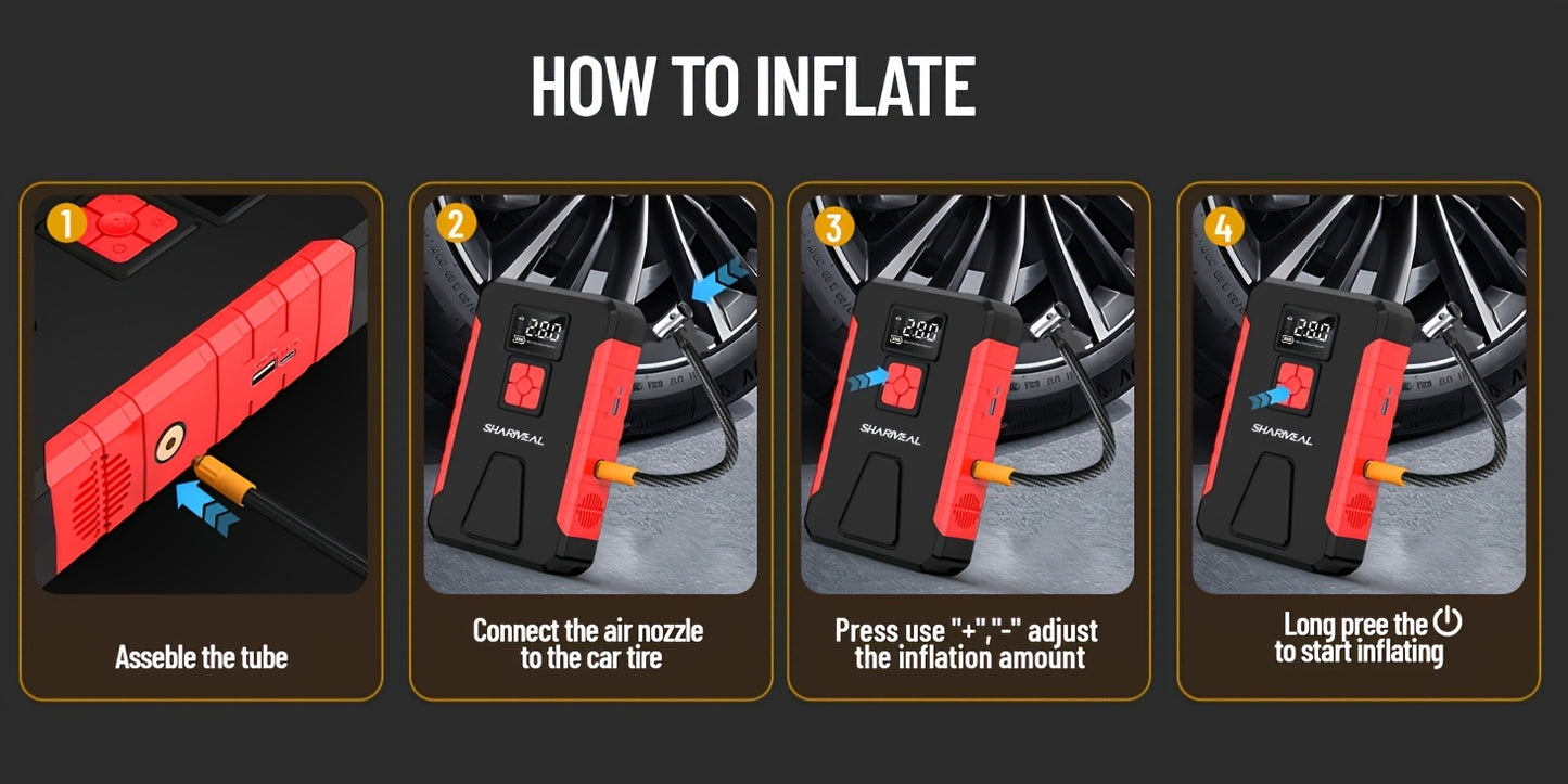 13000A/12000A/11000A/10000A Peak 12V Portable Car Emergency Starter | Car Battery Charger with Air Compressor, Suitable for 2.64gal Gasoline/All Diesel, Includes Emergency Starter Accessories, LED Light, Tire Inflator, USB Ch