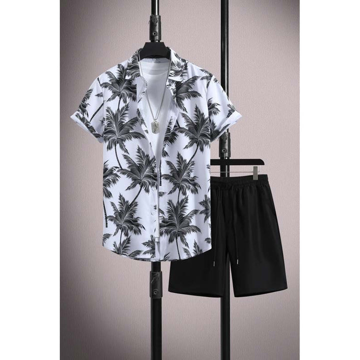 Men's Casual Ice Silk Micro-elastic Printed Short-sleeved Shirt Shorts Suit