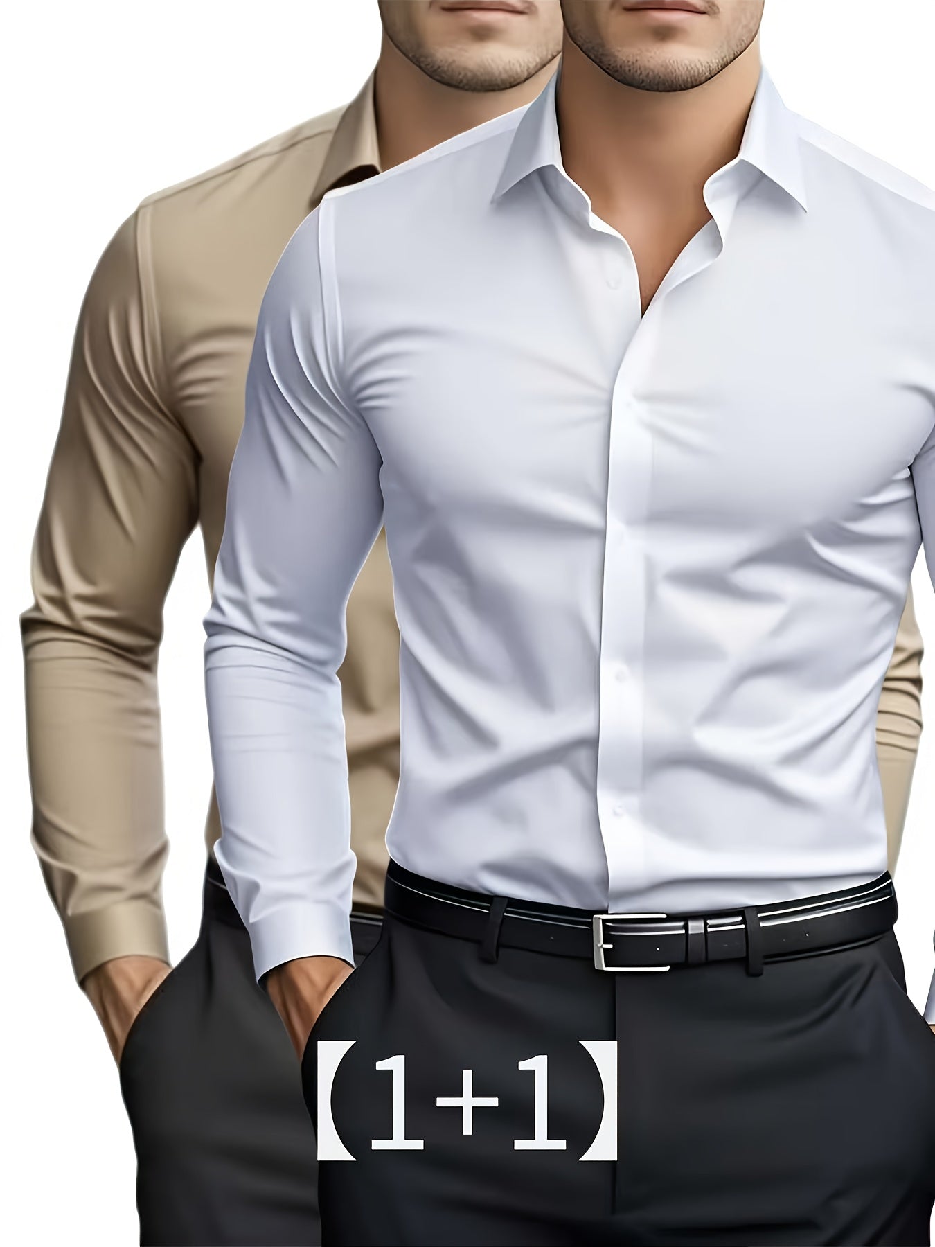 2pcs Autumn New Business Casual Formal Long Sleeve Shirt Slim Fit Open Collar Men's Long Sleeve Shirt