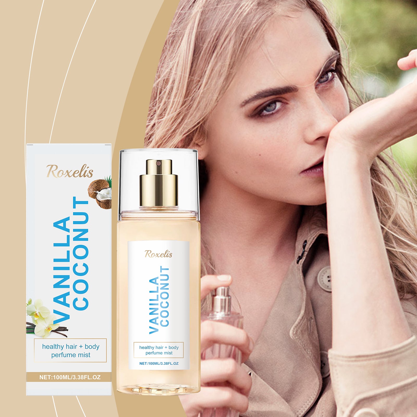 Roxelis Vanilla Coconut Body Perfume Spray, Long-Lasting Fragrance And Exudes A Unique Charm. It Is A Fresh, Romantic And Portable Perfume