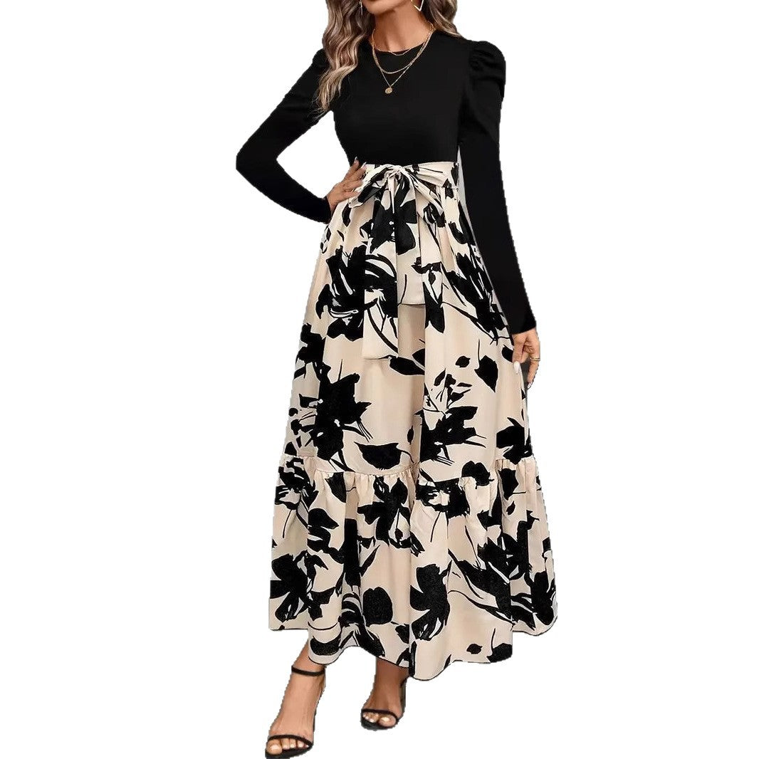 Womens Autumn Floral Print Crew-Neck Long-Sleeve Dress