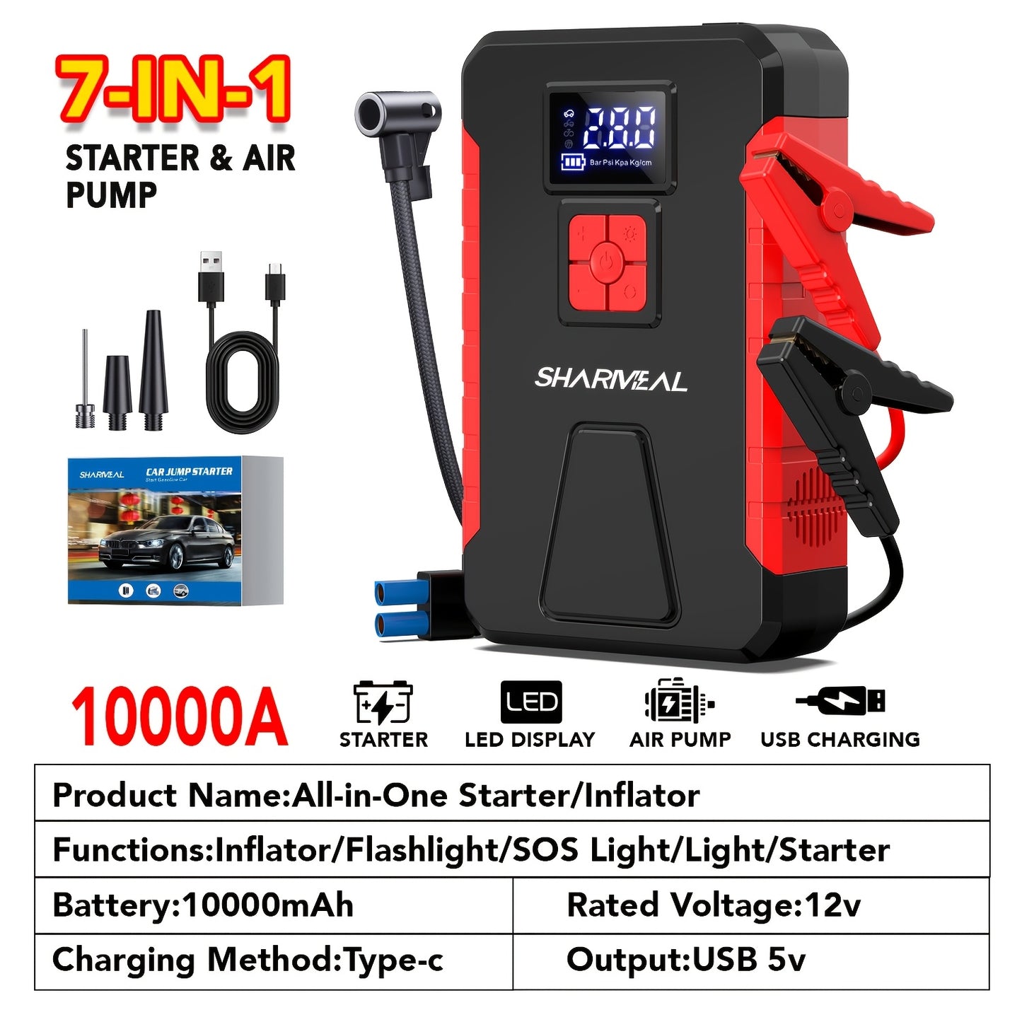 13000A/12000A/11000A/10000A Peak 12V Portable Car Emergency Starter | Car Battery Charger with Air Compressor, Suitable for 2.64gal Gasoline/All Diesel, Includes Emergency Starter Accessories, LED Light, Tire Inflator, USB Ch