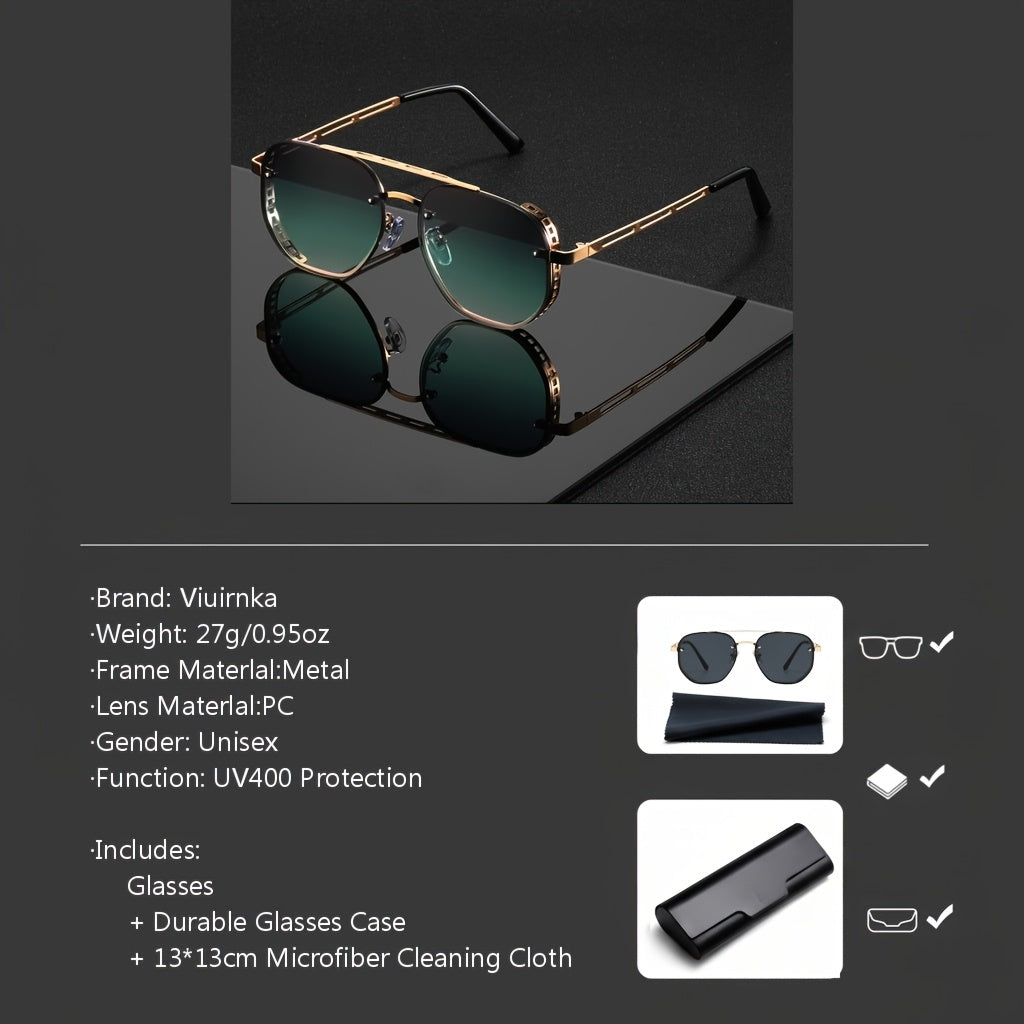 Men's Retro Punk Fashion Glasses - Green Gradient Lens, Hollow Metal Frame & Adjustable Nose Pads - Protection, Oversized Round Eyes Design for Driving,, Street Photography - Bold Fashion Statement, All-Season Wear - Stylish