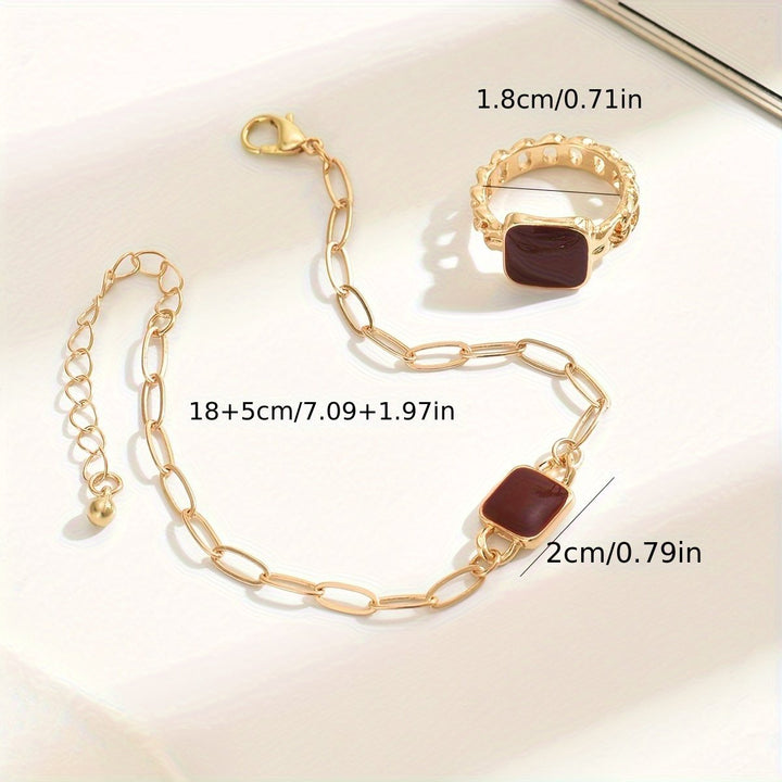 14K Gold Plated Square Agate Bracelet And  Ring Set - Luxe & Timeless Jewelry