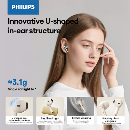 2025 Philips TAT1420 U - Shaped Patented Fit Long - Wear Wireless Earbuds Users Office Study Comfort