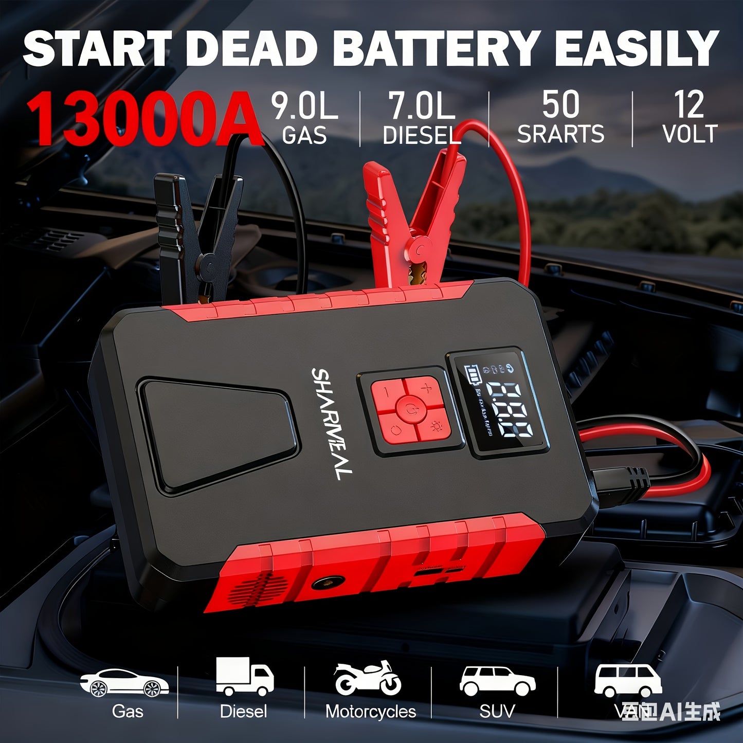 13000A/12000A/11000A/10000A Peak 12V Portable Car Emergency Starter | Car Battery Charger with Air Compressor, Suitable for 2.64gal Gasoline/All Diesel, Includes Emergency Starter Accessories, LED Light, Tire Inflator, USB Ch