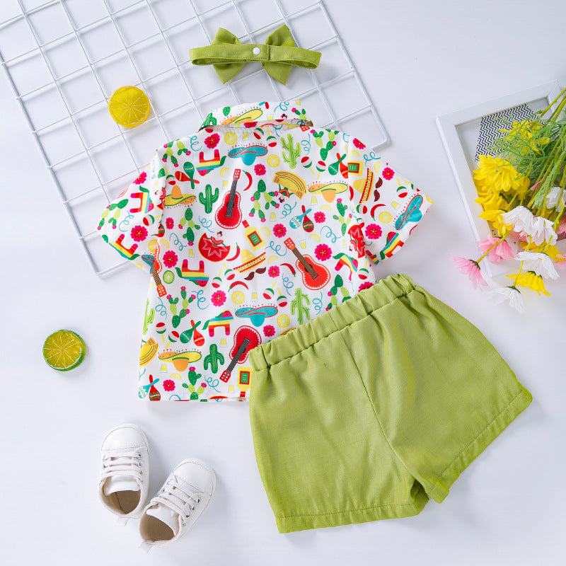 Spring Summer Kids Boys Gentleman Bow Tie All-over Print Versatile Short Sleeve Shirt Shorts Headband 3-Piece Set