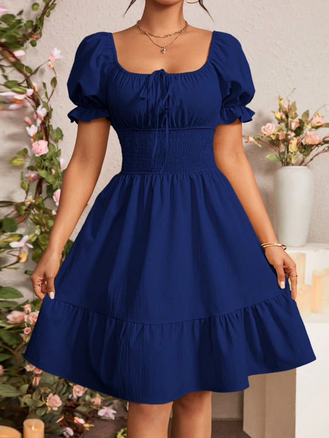 Pleated Ruffle A-line Dress With A Square Neckline And Short Sleeves