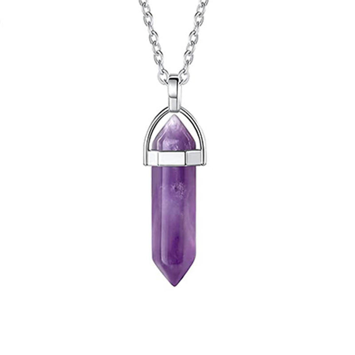 Natural Stone Amethyst Necklace Hexagon Prism Bullet Pendant Moonstone Wire Winding Pendant