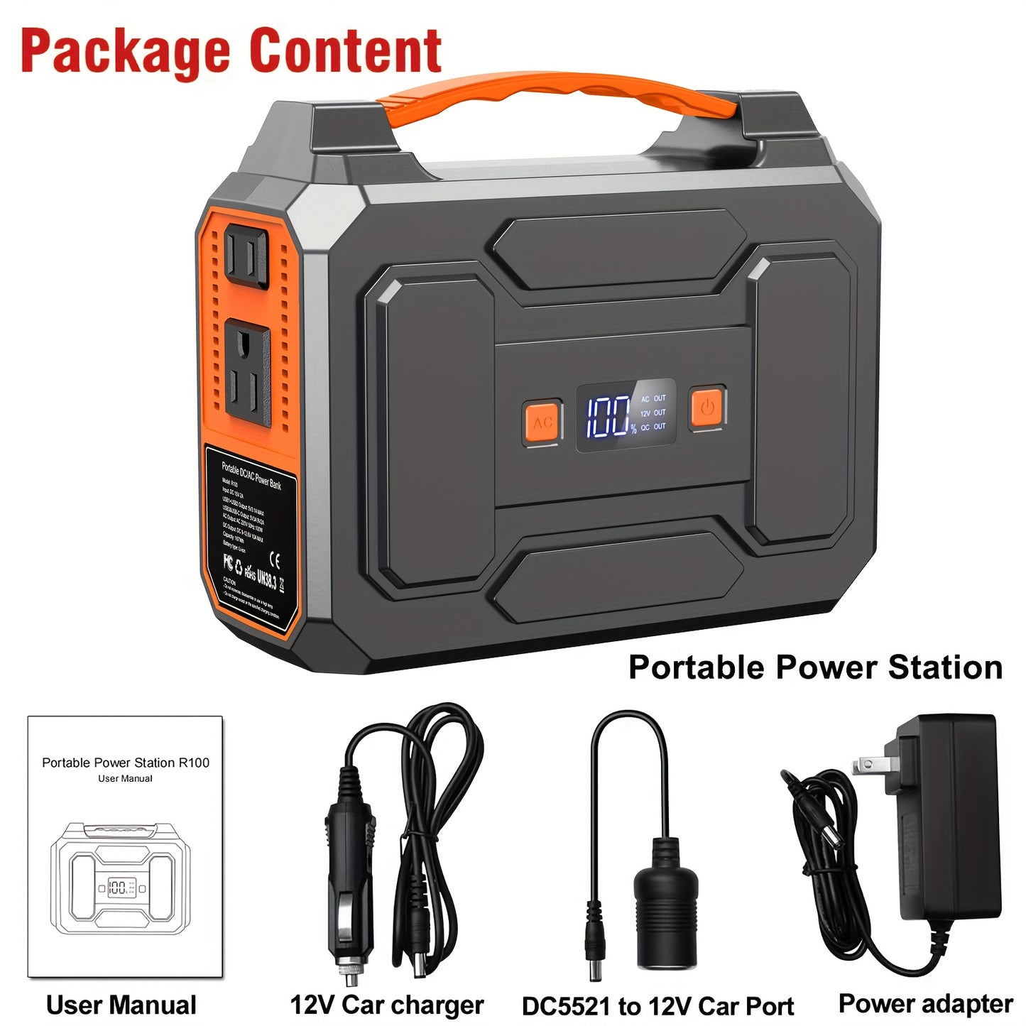 300W/100W Portable Power Station Solar Generator - 296Wh/256Wh/280Wh/146Wh Compact Lithium-Ion Battery Charger with 110V AC Outlet, DC & USB Outputs, LED Flashlight, Built-in Cooling Vents for Camping, RV, Emergency Home Use,