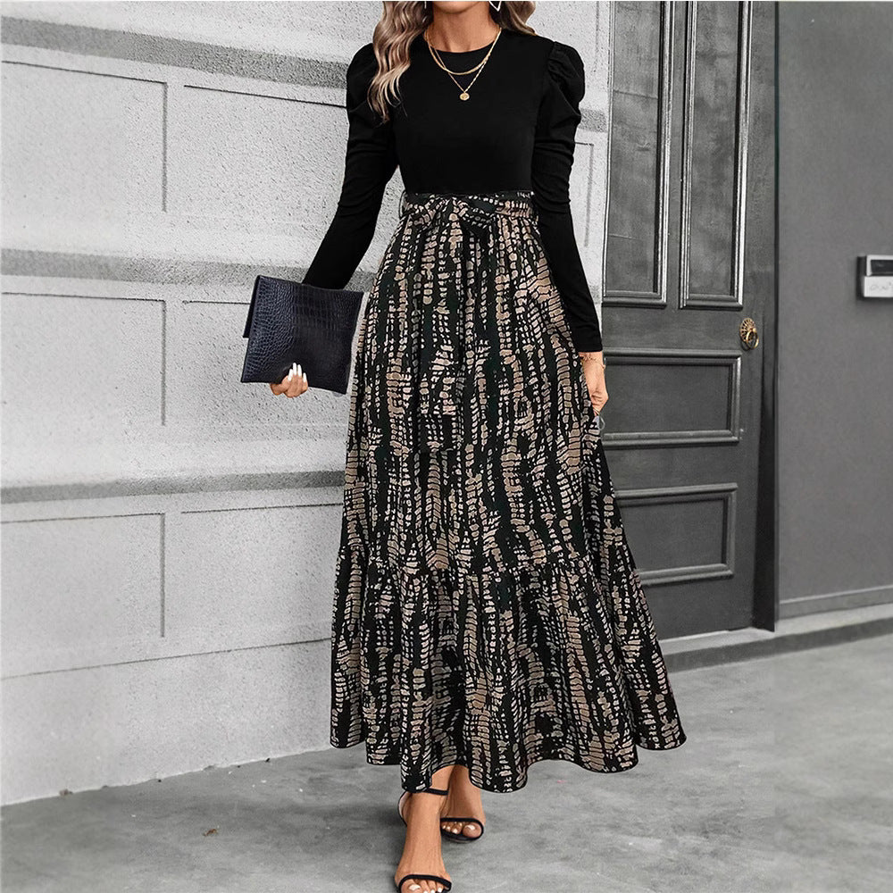 Womens Autumn Floral Print Crew-Neck Long-Sleeve Dress