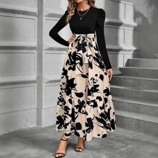 Womens Autumn Floral Print Crew-Neck Long-Sleeve Dress