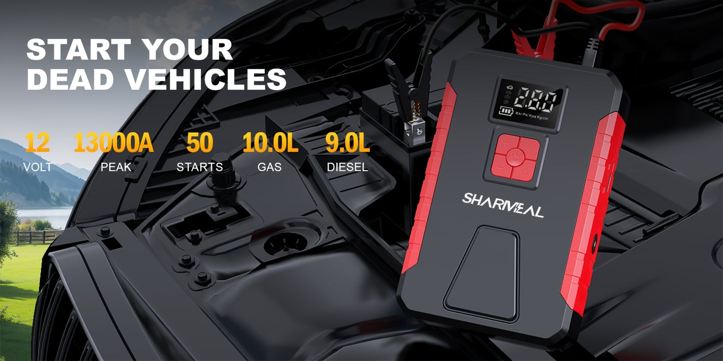 13000A/12000A/11000A/10000A Peak 12V Portable Car Emergency Starter | Car Battery Charger with Air Compressor, Suitable for 2.64gal Gasoline/All Diesel, Includes Emergency Starter Accessories, LED Light, Tire Inflator, USB Ch