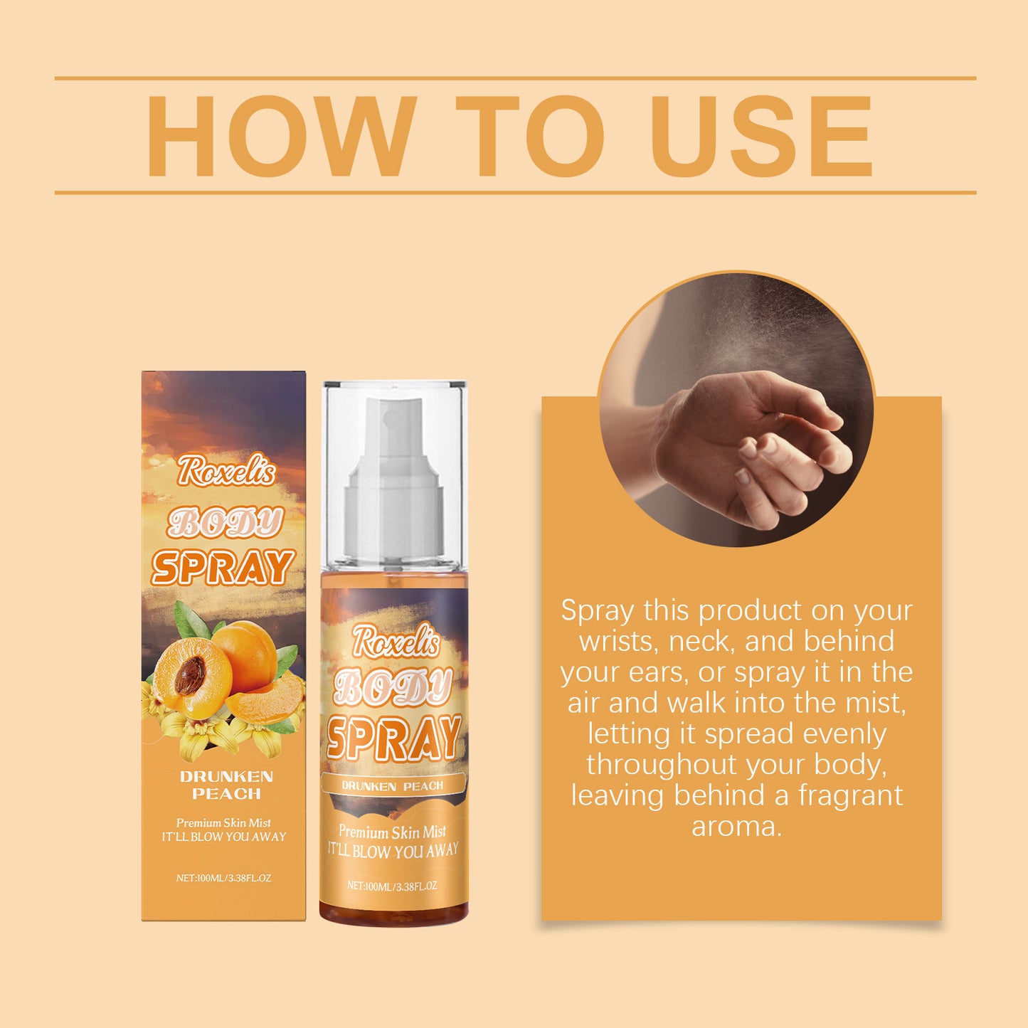 Roxelis Peach Champagne Body Spray Long-Lasting Fresh Fragrance With Soft Tone And Multi-Layered Light Fragrance